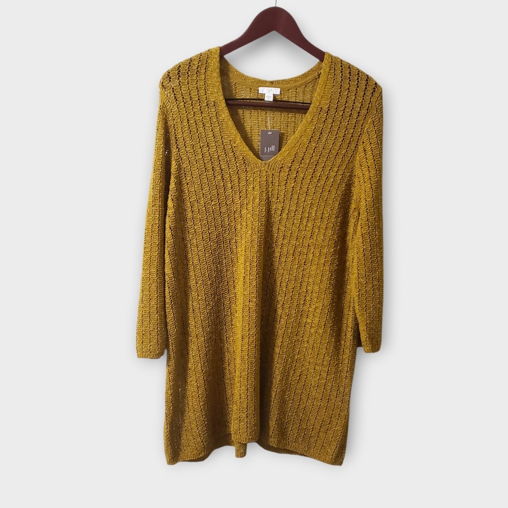 NWT J.Jill Gilden Gold Coin Open Knit V-Neck Tunic Sweater XL Mustard Yellow
